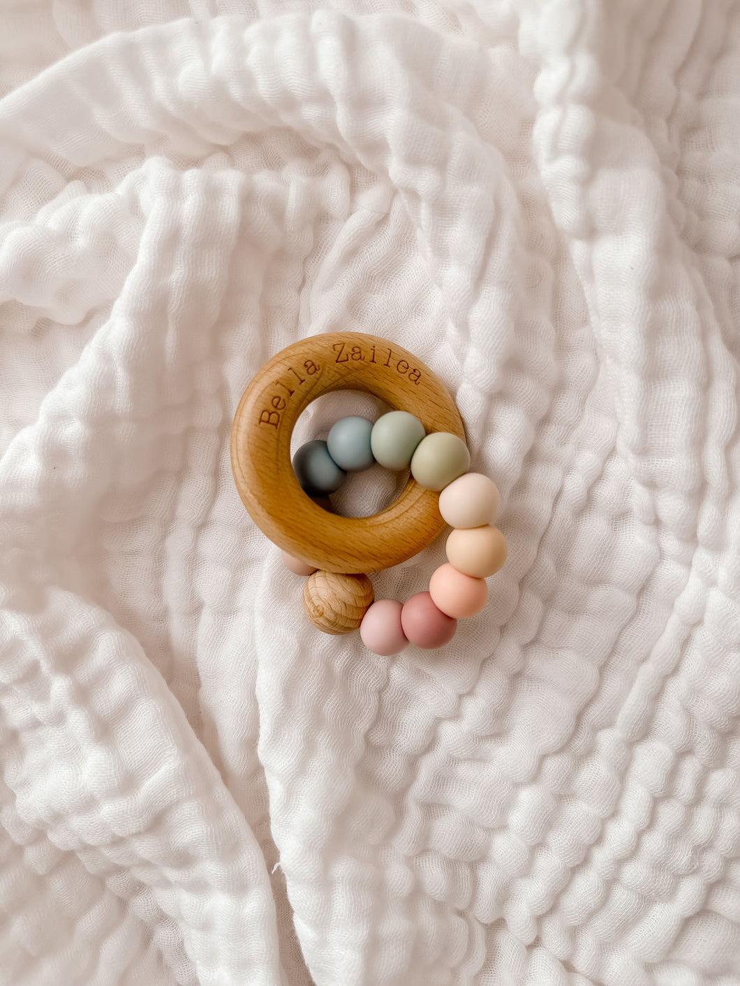 Muted Rainbow Nova Silicone & Beech Wood Teething Ring