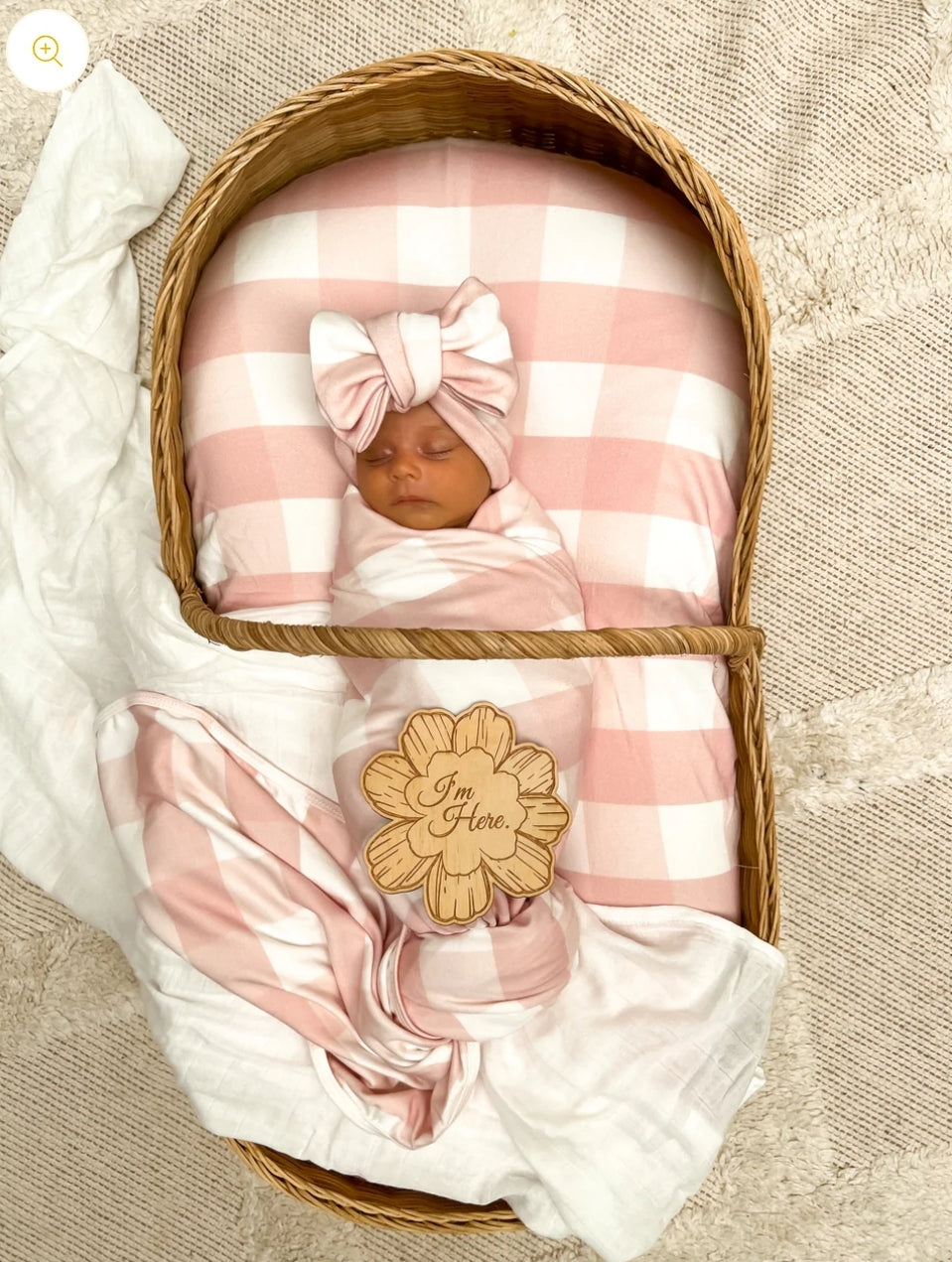 Pink gingham jersey swaddle & bow set
